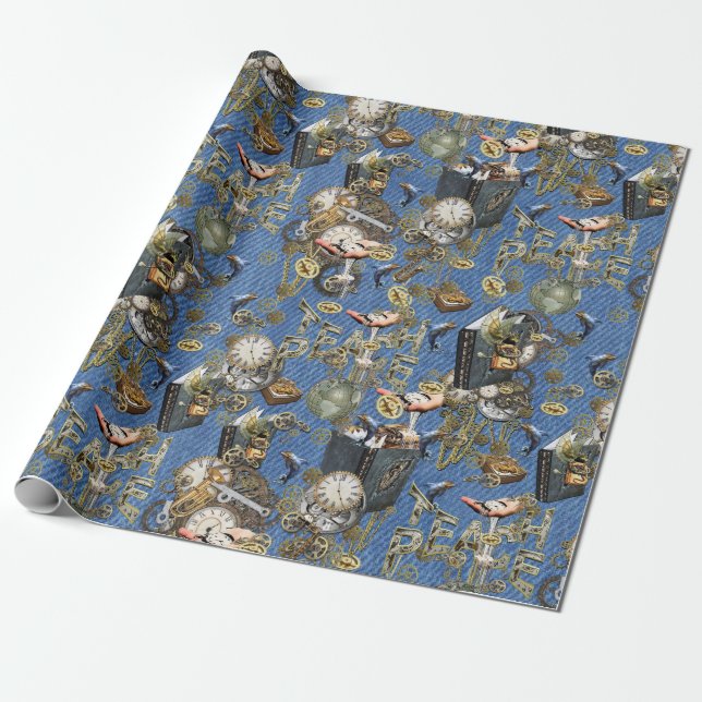Steampunk on Blue Denim  Wrapping Paper (Unrolled)