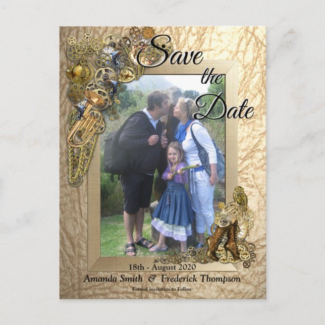 Steampunk on Gold Leather Save the Date Announcement Postcard (Front)