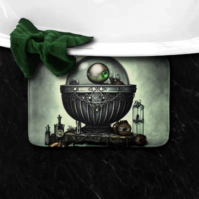 Steampunk Ornate Cauldron and Magic Items on Green Bath Mat (Creator Uploaded)