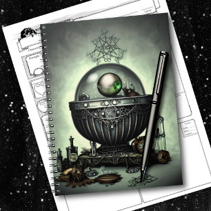 Steampunk Ornate Cauldron and Magic Items on Green Notebook