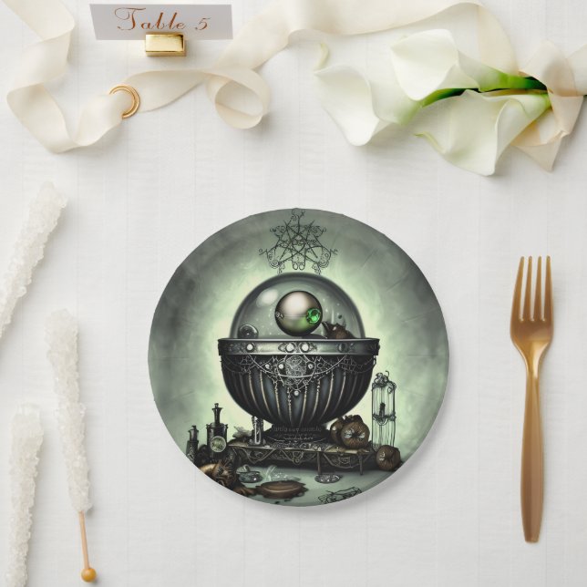 Steampunk Ornate Cauldron and Magic Items on Green Paper Plate (Wedding)