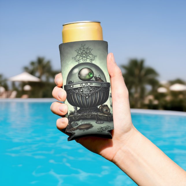 Steampunk Ornate Cauldron and Magic Items on Green Seltzer Can Cooler (In Situ Pool)