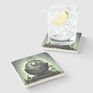 Steampunk Ornate Cauldron and Magic Items on Green Stone Coaster
