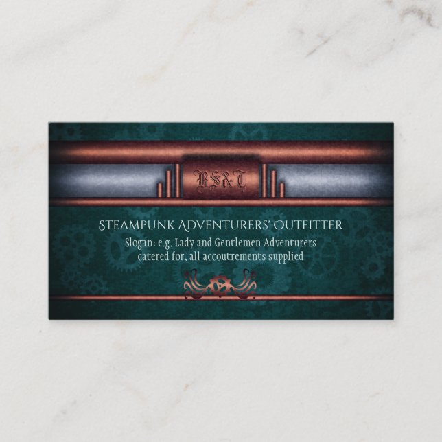 Steampunk Outfitters, copper on teal cogs Monogram Business Card (Front)