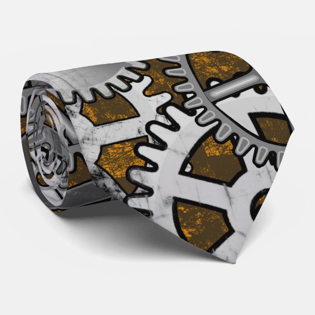 Steampunk Oversized Gearwork Silver Grunge Burnout Tie (Rolled)