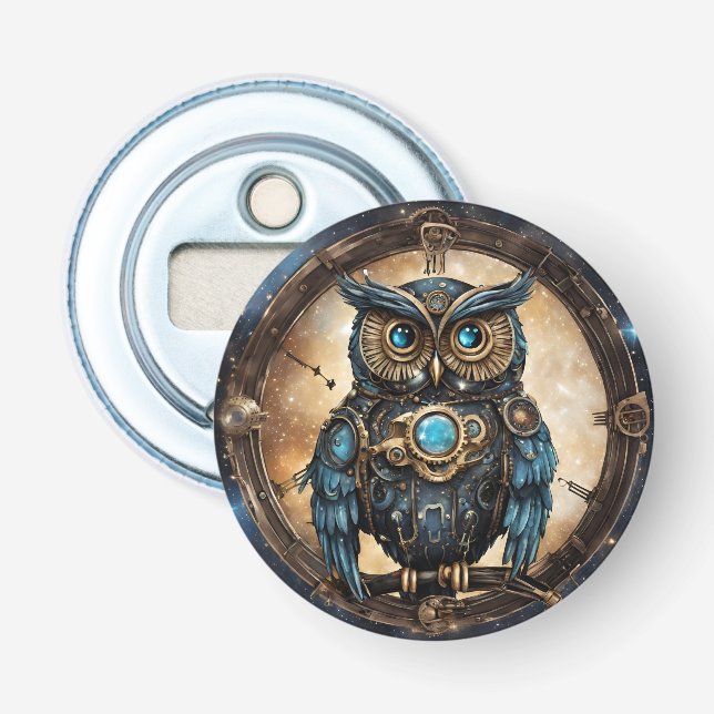 Steampunk Owl Against the Galactic Sky Bottle Opener (Front)