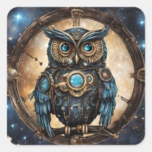 Steampunk Owl Against the Galactic Sky Square Sticker