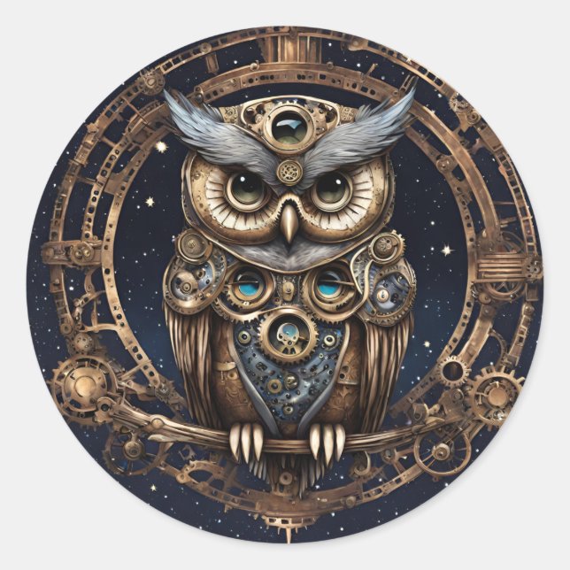 Steampunk Owl Against the Starry Sky Classic Round Sticker (Front)