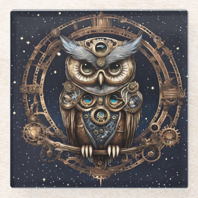Steampunk Owl Against the Starry Sky Glass Coaster (Front)