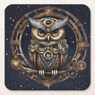 Steampunk Owl Against the Starry Sky Square Paper Coaster