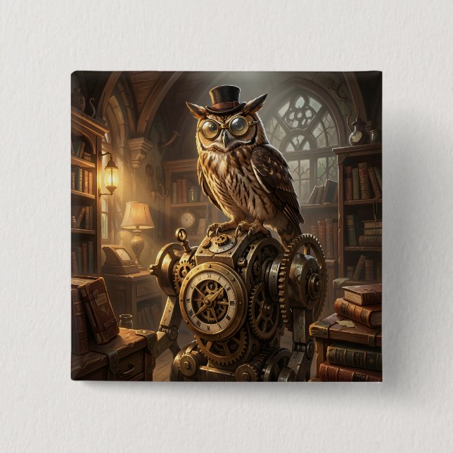 steampunk owl clockwork art button (Front)