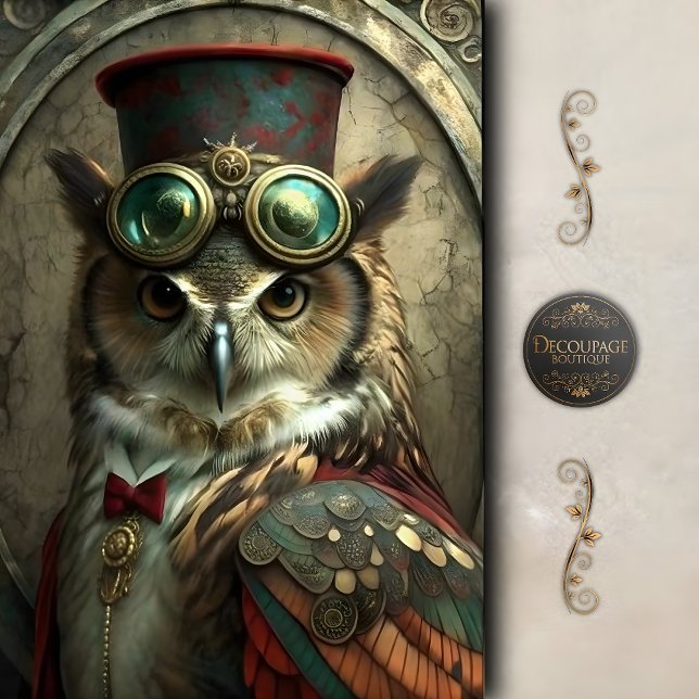 Steampunk Owl Whimsical Vintage Art Decoupage Tissue Paper (Steampunk Owl Portrait – Whimsical Vintage Art Decoupage Tissue Paper)