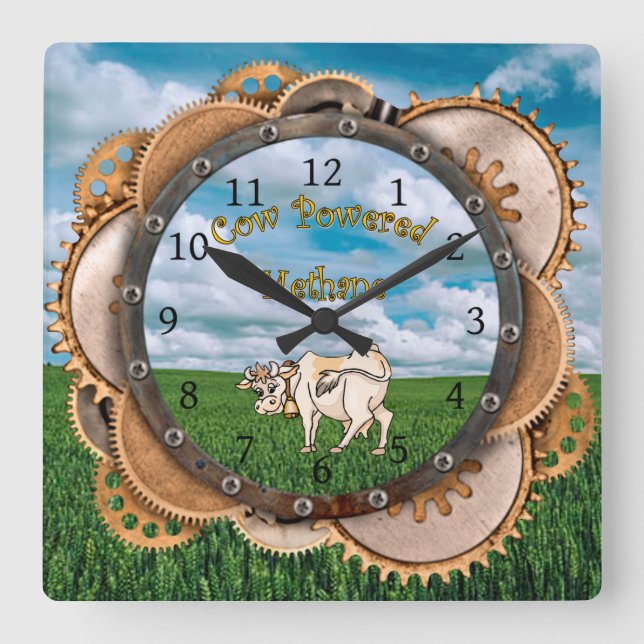 Steampunk ~  Pardon My Methane ~ Cow Powered Square Wall Clock (Front)