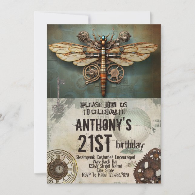 Steampunk Party Vintage Mechanical Dragonfly Invitation (Front)