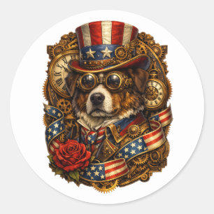 Steampunk Patriotic Dog Classic Round Sticker
