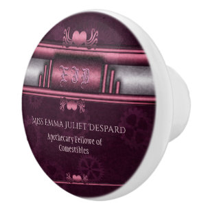 Steampunk, pink hearts on gears with Monogram Ceramic Knob