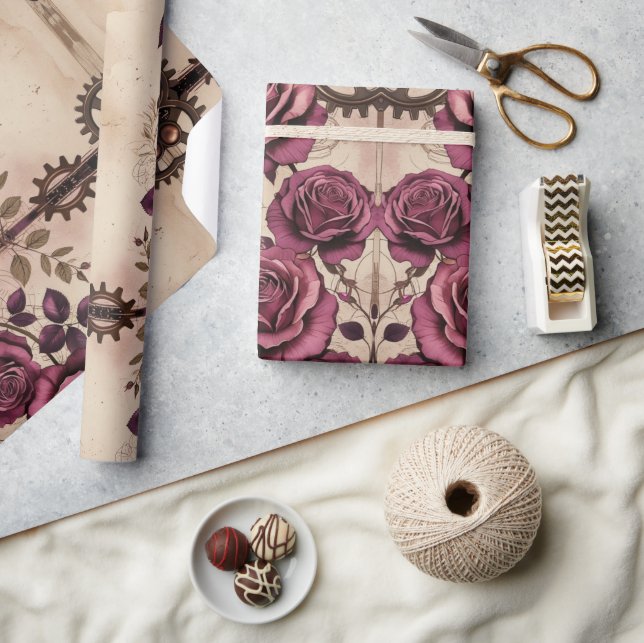 Steampunk Plum Roses & Gears Wrapping Paper (Crafts)