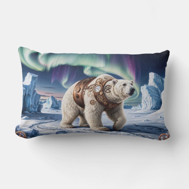 Steampunk Polar Bear and Aurora Art Lumbar Pillow (Front)