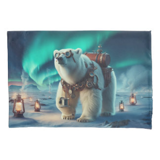 Steampunk Polar Bear and Aurora Art Pillowcase
