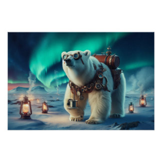 Steampunk Polar Bear and Aurora Art Poster