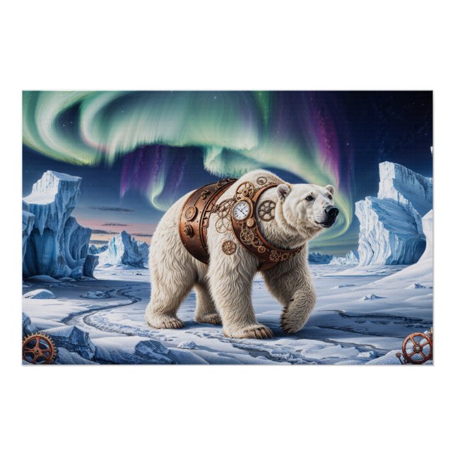 Steampunk Polar Bear and Aurora Art Poster (Front)