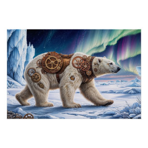 Steampunk Polar Bear and Aurora Design Poster