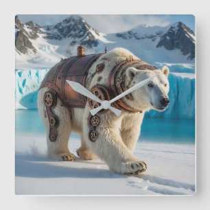 Steampunk Polar Bear Warrior Square Wall Clock
