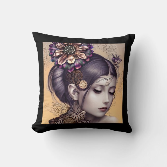 Steampunk Princess with a Copper Coloured Flower Throw Pillow (Front)