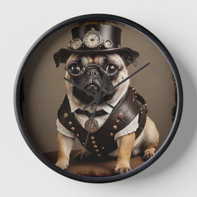 Steampunk Pug Artistic Portrait Clock (Front)