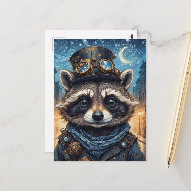 Steampunk Raccoon Postcard (Front/Back In Situ)