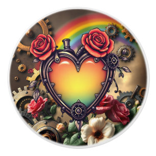 Steampunk Rainbow Heart and Gears Ceramic Knob