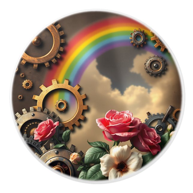 Steampunk Rainbow, Roses and Metal Gears Ceramic Knob (Front)
