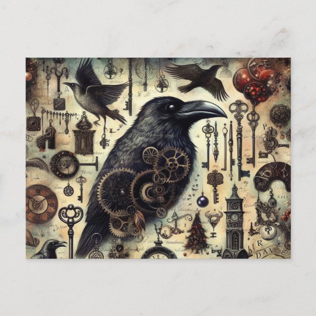 Steampunk Raven Poe Collage Postcard (Front)