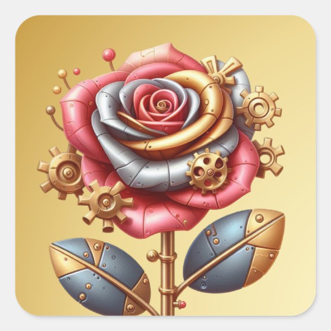 Steampunk Red and Gold Rose Square Sticker (Front)