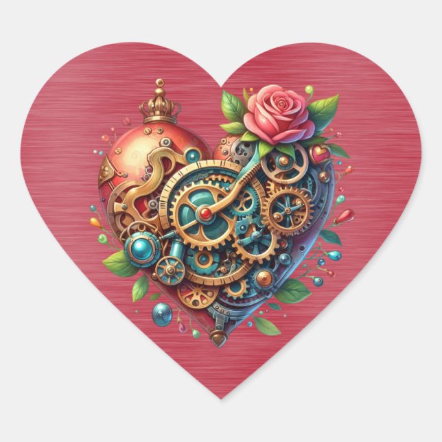  Steampunk Red Blue and Gold Heart Heart Sticker (Front)