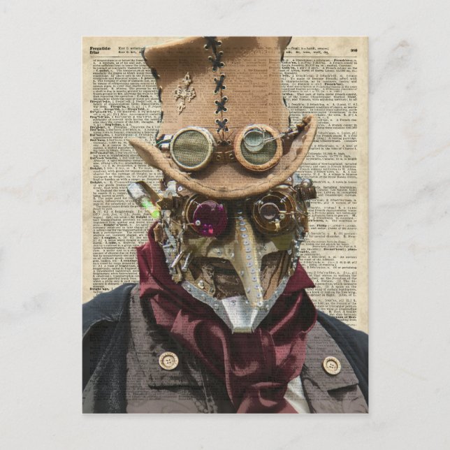 Steampunk Robot Collage Over Old Dicionary Page Postcard (Front)