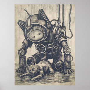 Steampunk Robot Linocut Poster