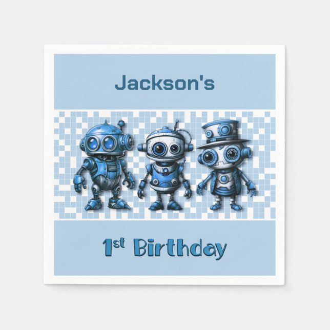 Steampunk Robot Theme 1st Birthday Party Napkin (Front)
