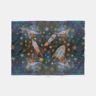 Steampunk Rockets in Emerald Nebula Fleece Blanket