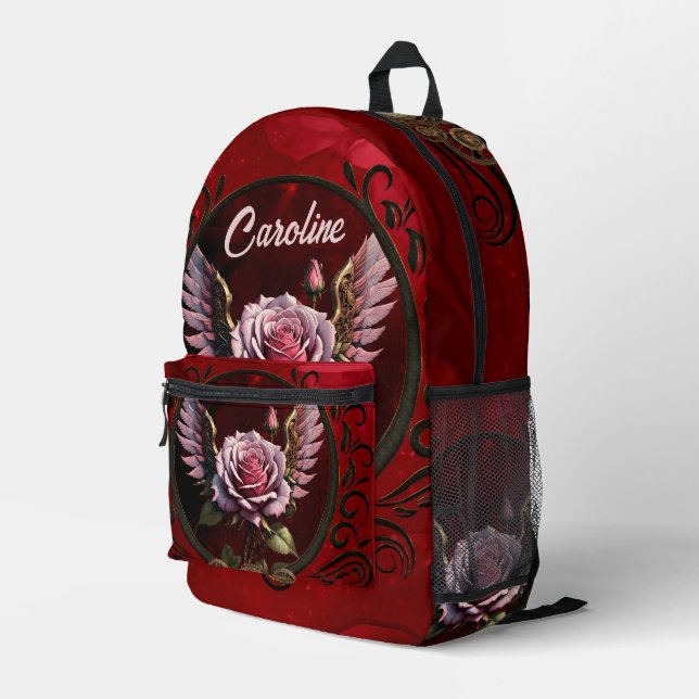 Steampunk rose printed backpack (Back Corner Right)