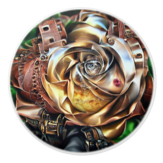 Steampunk Rose with Surreal Face – Mechanical Flor Ceramic Knob