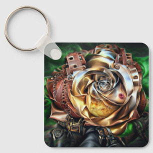 Steampunk Rose with Surreal Face – Mechanical Flor Keychain