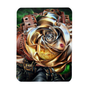 Steampunk Rose with Surreal Face – Mechanical Flor Magnet