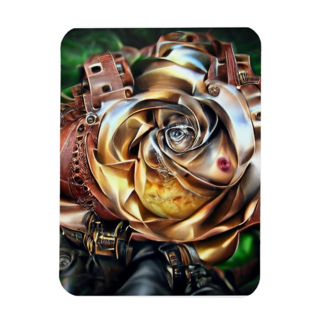 Steampunk Rose with Surreal Face – Mechanical Flor Magnet (Vertical)