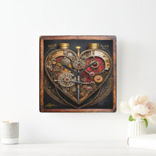 Steampunk Rubies And Gears Dark Heart  Square Wall Clock