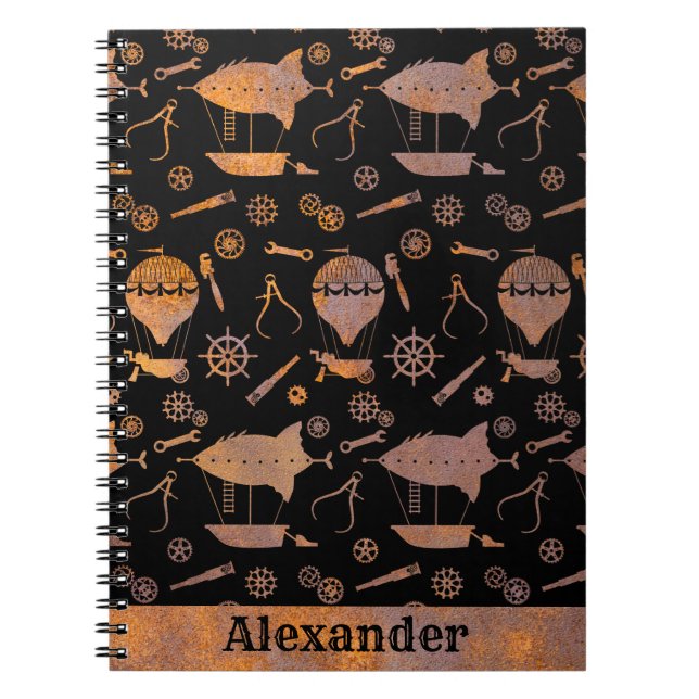 Steampunk Rusty Airships Theme Custom Name Notebook (Front)