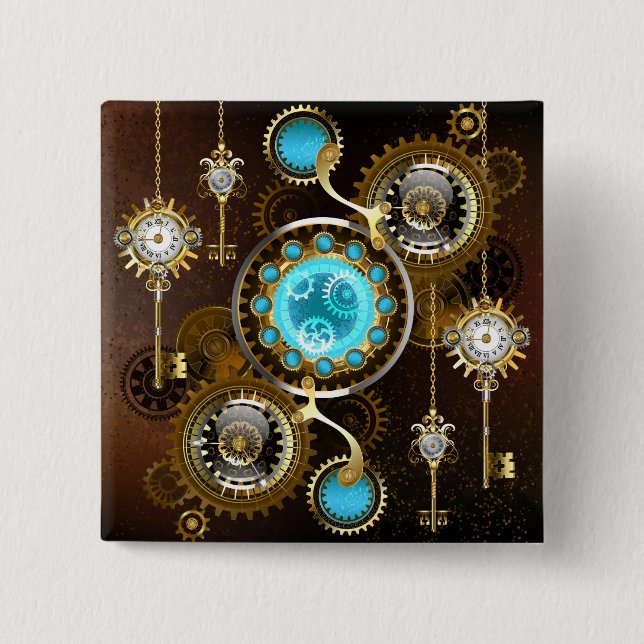 Steampunk Rusty Background with Turquoise Lenses 2 Inch Square Button (Front)