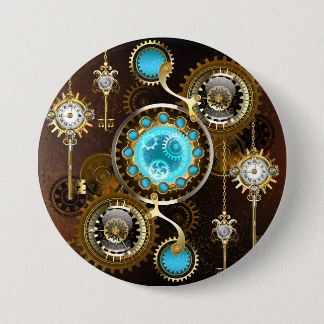 Steampunk Rusty Background with Turquoise Lenses 3 Inch Round Button (Front)