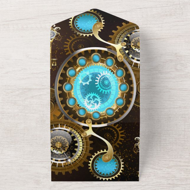 Steampunk Rusty Background with Turquoise Lenses All In One Invitation (Outside)