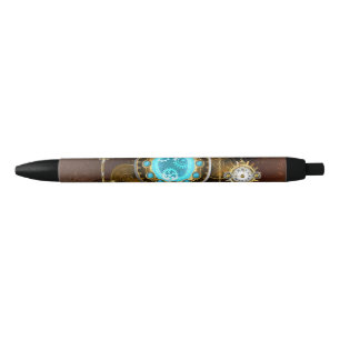 Steampunk Rusty Background with Turquoise Lenses Black Ink Pen